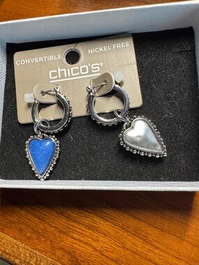 Chico's Blue and Silver Heart Convertible Hoop Earrings
